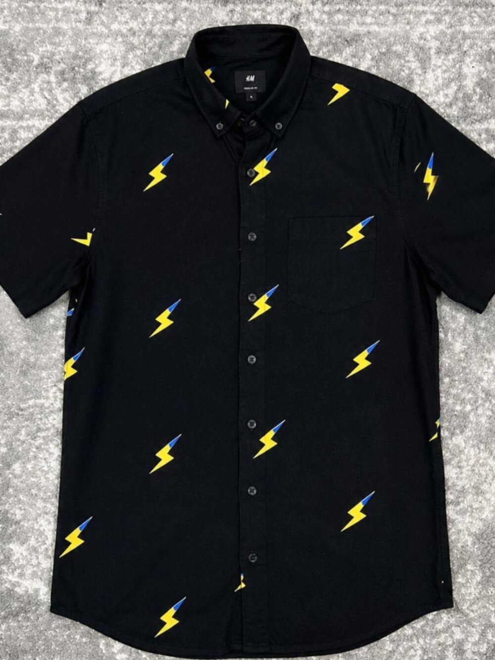 Black Lightning Bolt Short Sleeve Button Up Shirt
